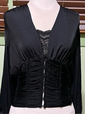 Free People Black Ruched Button-Front Blouse with Lace Inset